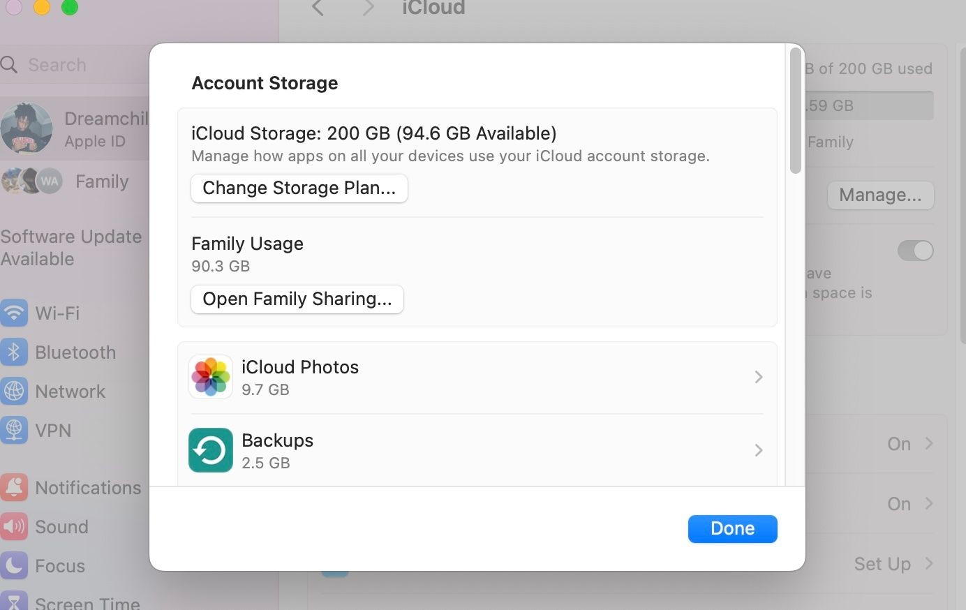 Cửa sổ quản lý dung lượng tài khoản iCloud trên macOS