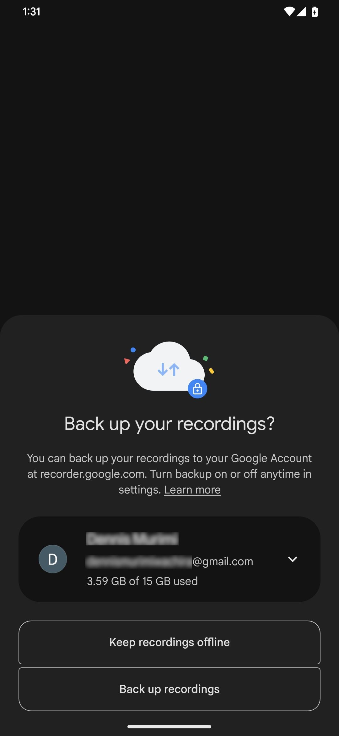 Cửa sổ sao lưu bản ghi âm của Google Recorder