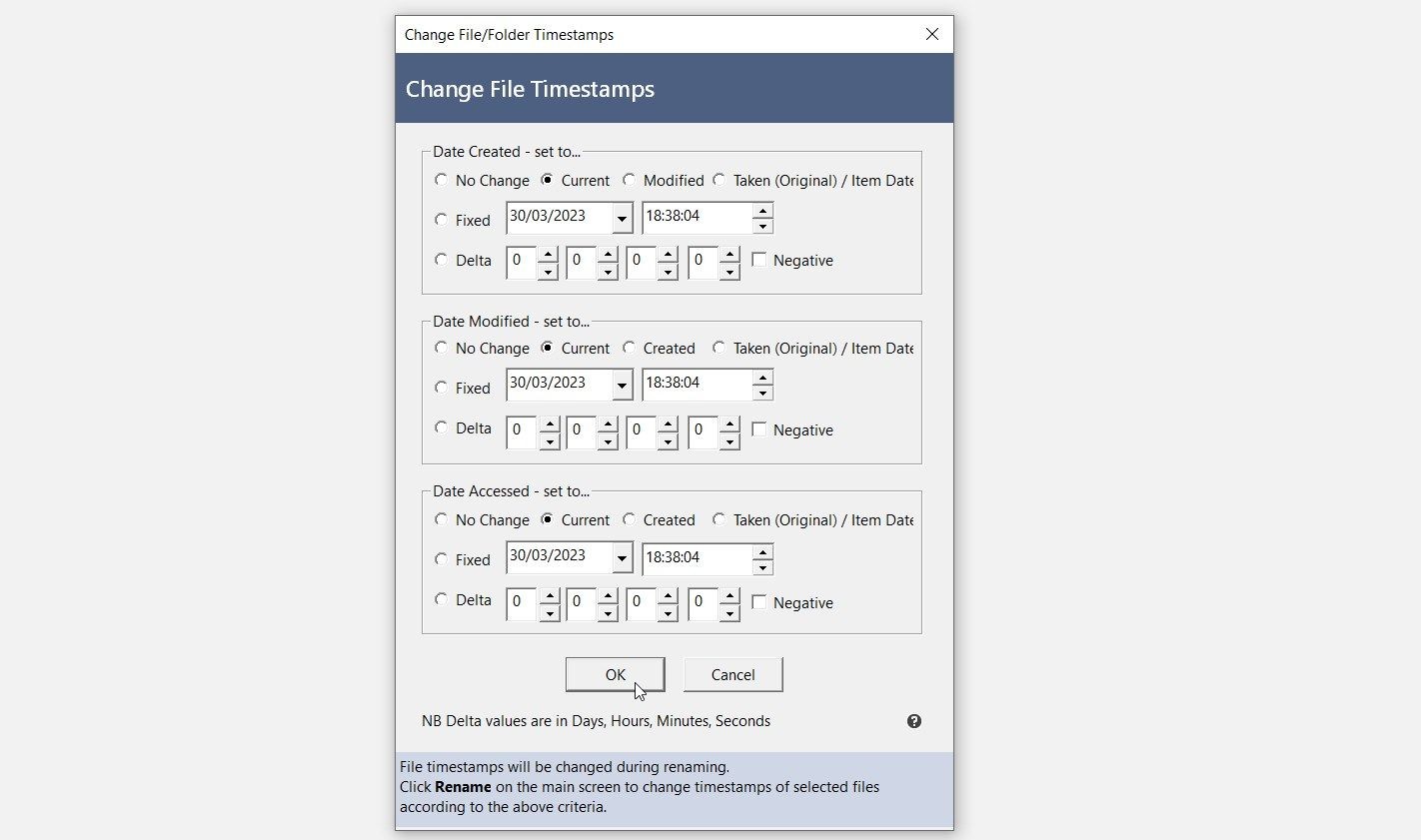 Cửa sổ Thay Đổi Ngày Giờ Tệp từ Bulk Rename Utility