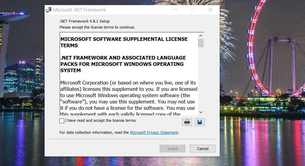 Cửa sổ thiết lập Microsoft .NET Framework