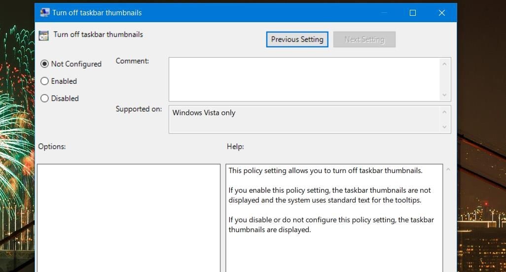 Cửa sổ Turn off taskbar thumbnails