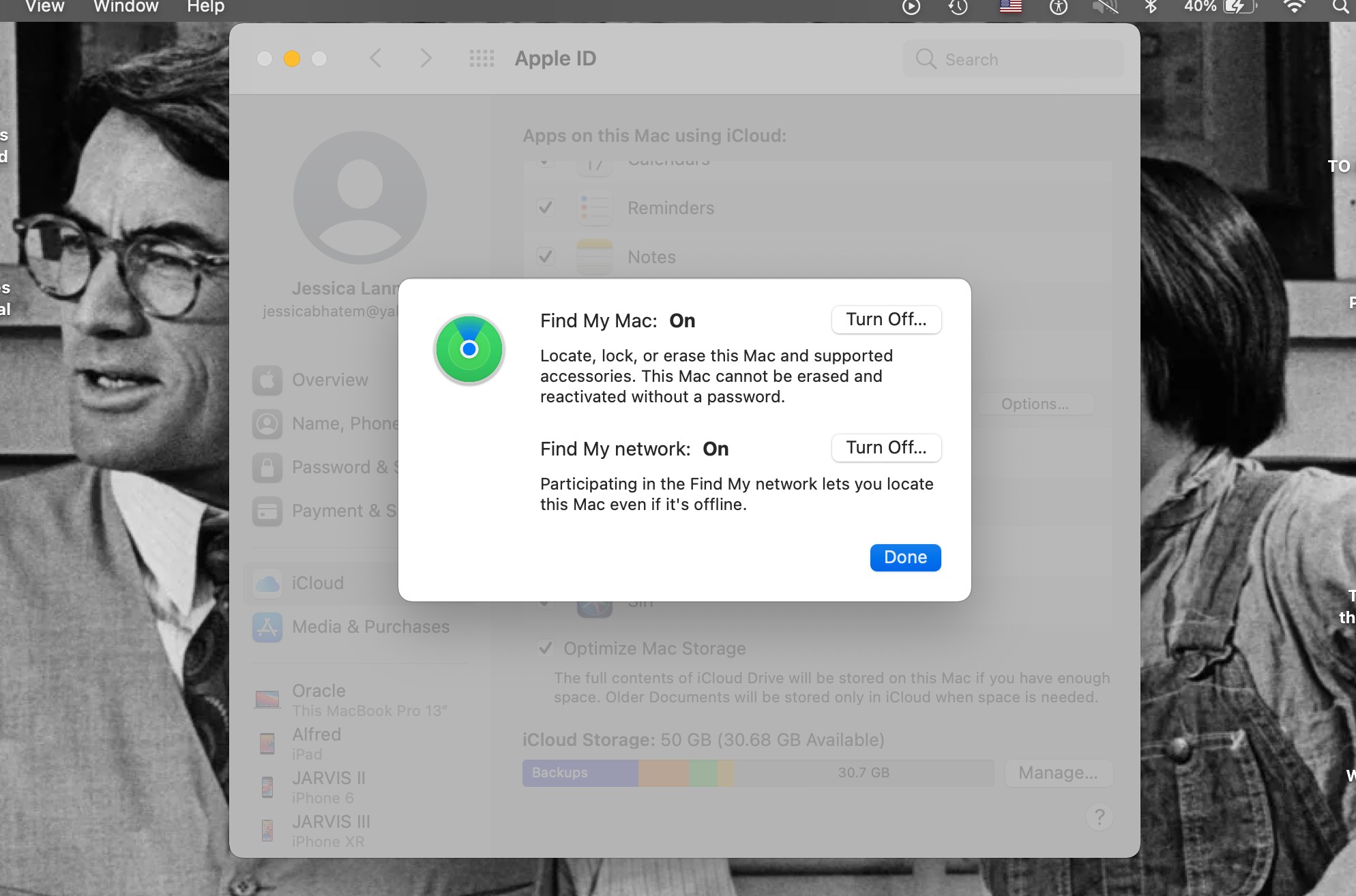 Cửa sổ Tùy chọn ứng dụng Tìm của tôi mở trong Tùy chọn Hệ thống iCloud trên MacBook Pro