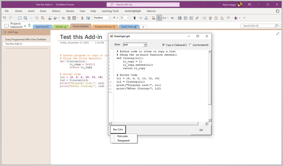 Dán mã Python vào hộp NoteHighlight