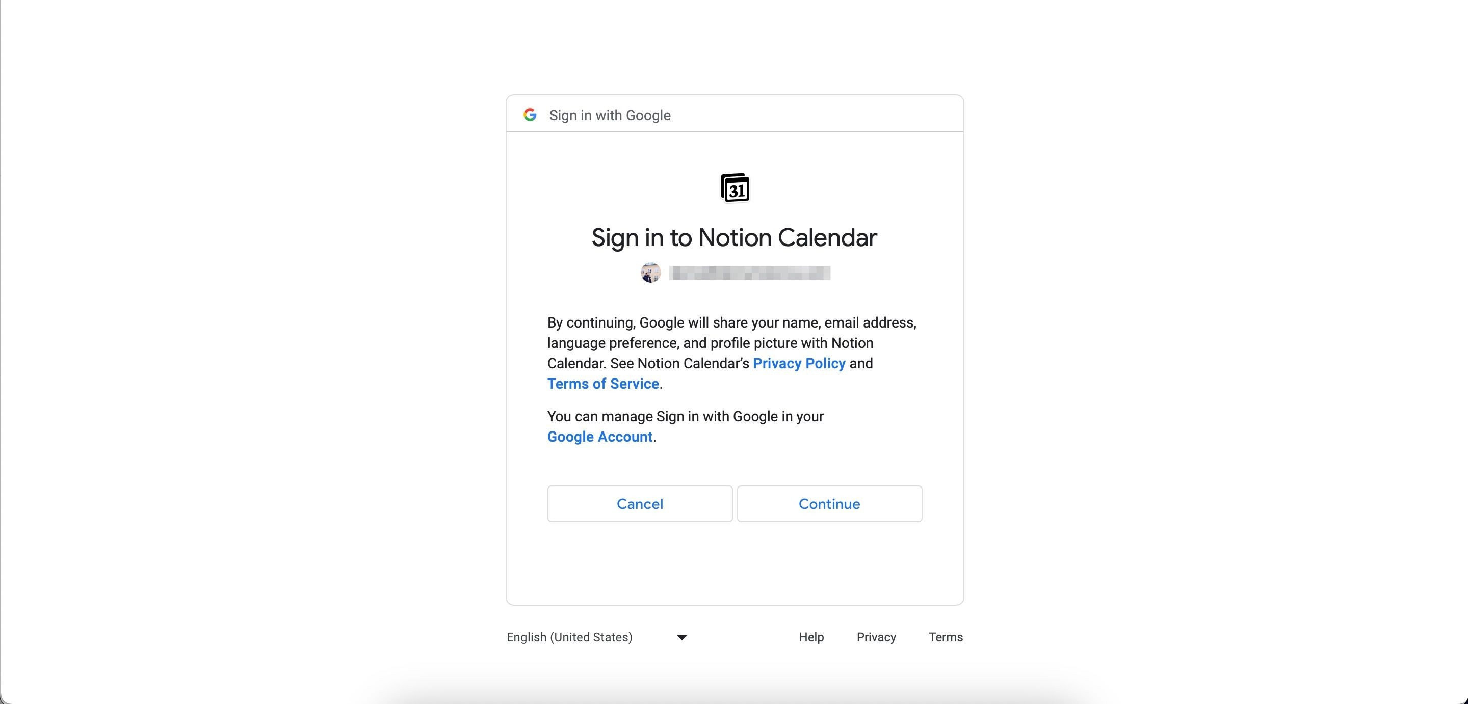 Đăng nhập vào Notion Calendar bằng tài khoản Google