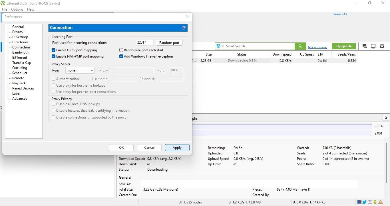 Đánh dấu vào ô Thêm ngoại lệ cho tường lửa Windows trong tab Kết nối của ứng dụng uTorrent cho máy tính