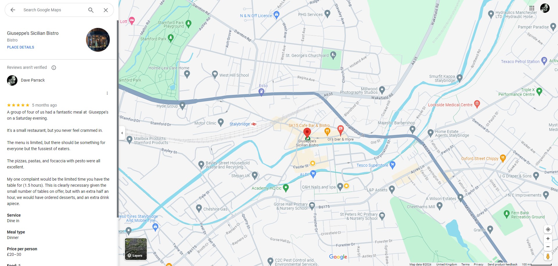 Đánh giá Google Maps của nhà hàng Giuseppe