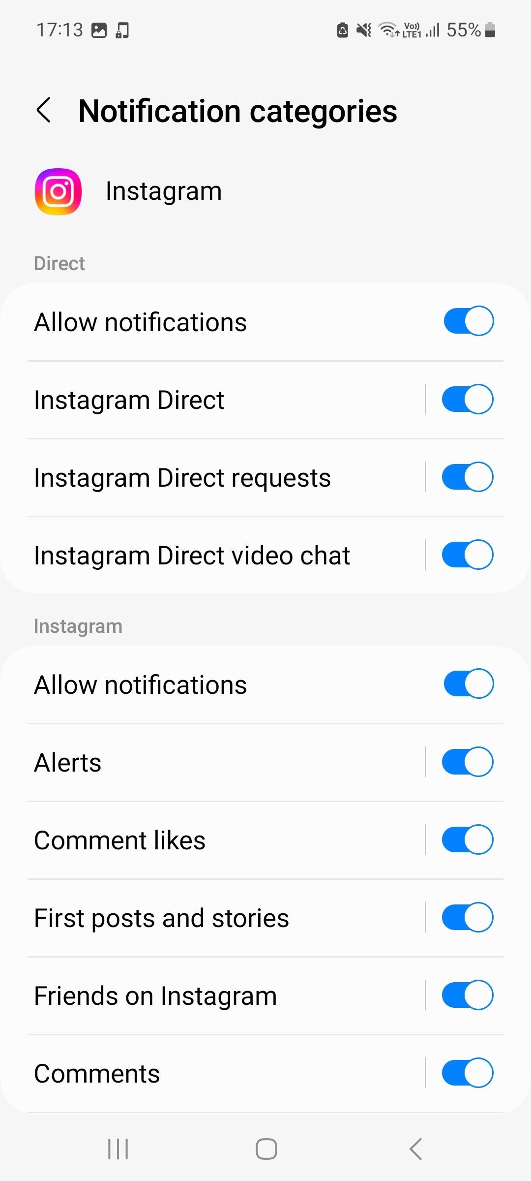 Danh mục thông báo trong Instagram