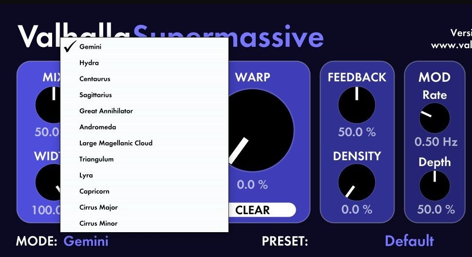 Danh sách các chế độ reverb trong plugin Supermassive