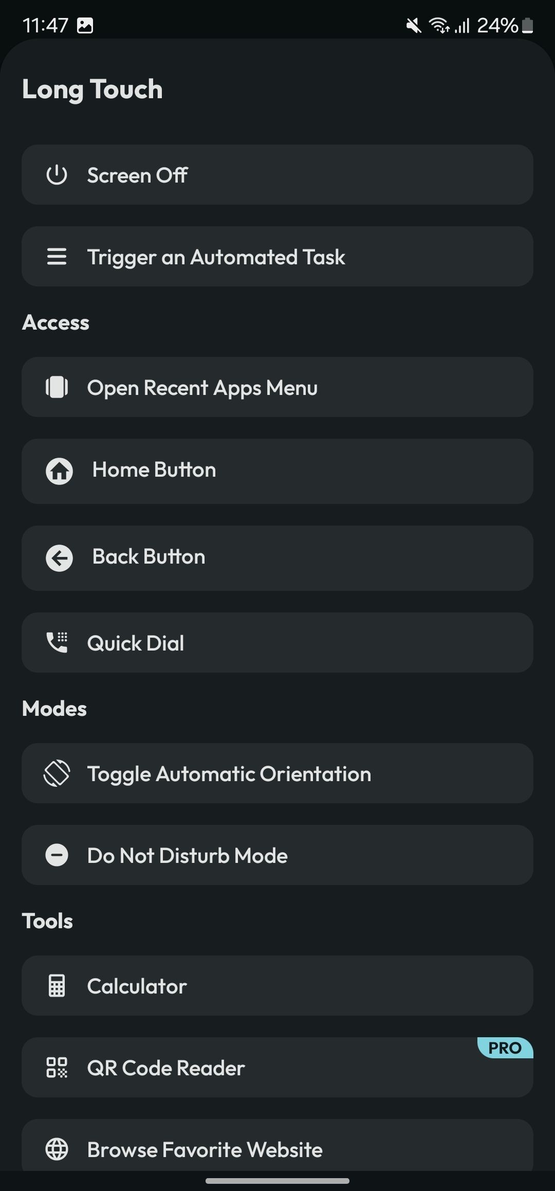Danh sách các hành động có sẵn trong ứng dụng Action Notch.