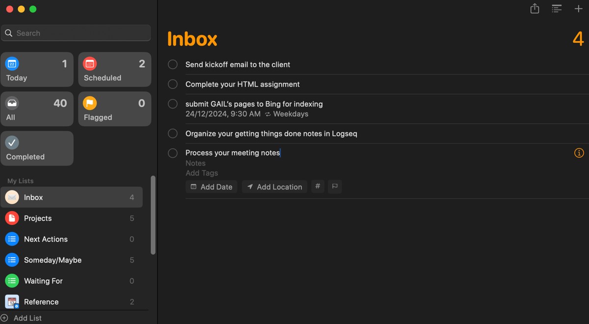 Danh sách các mục có thể hành động trong Reminders của tôi