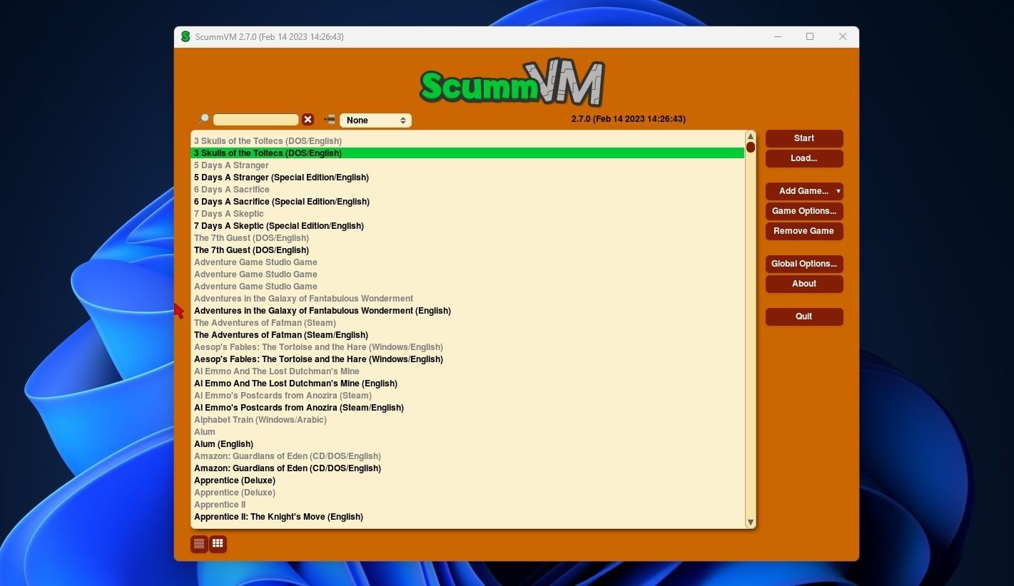 Danh sách game đã thêm vào ScummVM