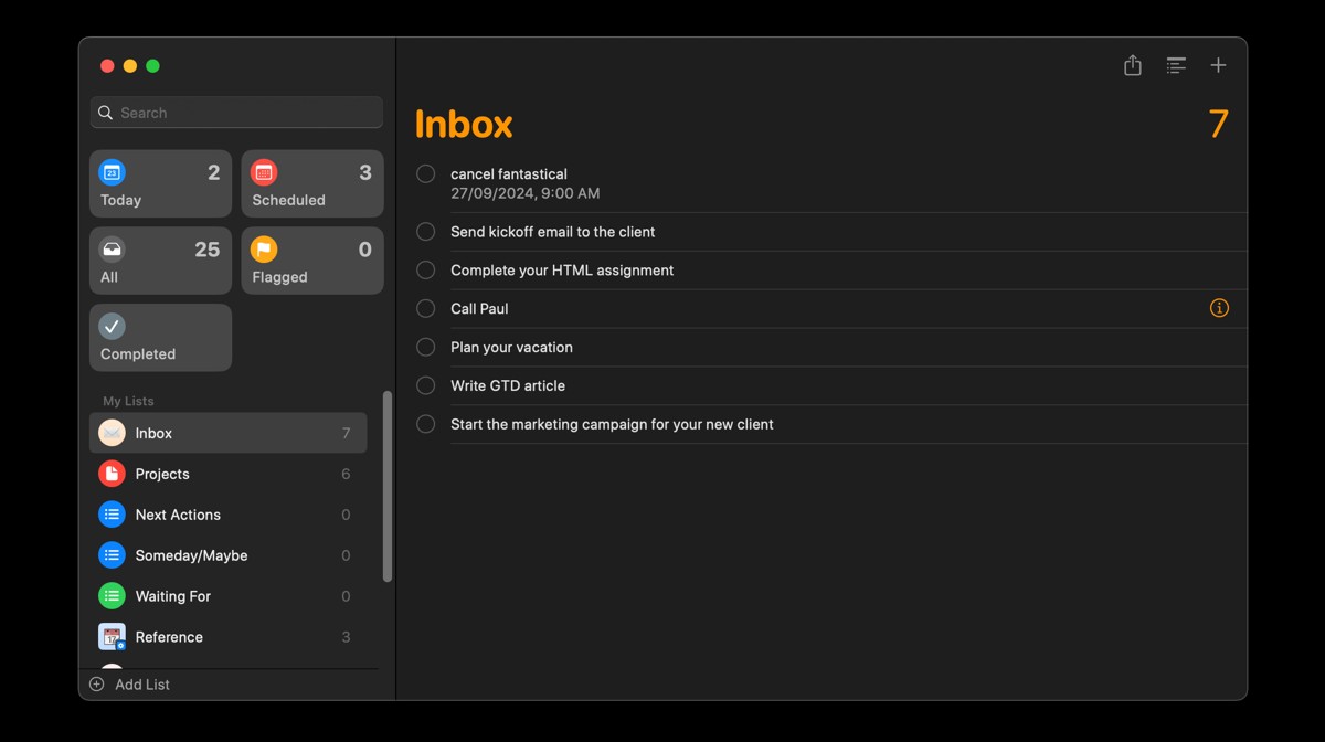 Danh sách Inbox trong ứng dụng Reminders để thu thập nhiệm vụ