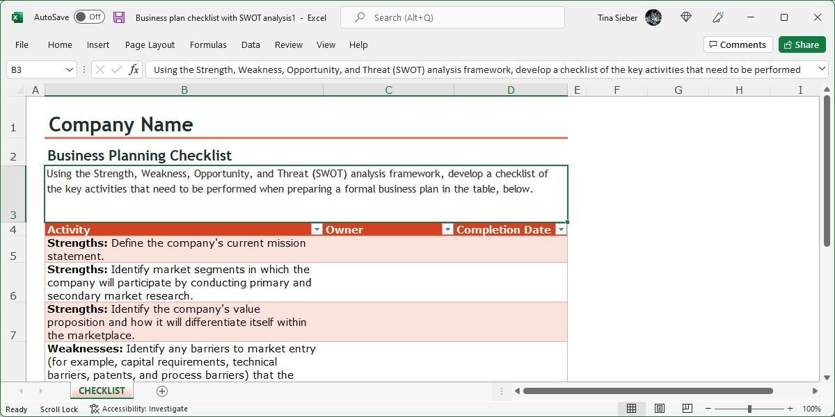 Danh Sách Kiểm Tra Lập Kế Hoạch Kinh Doanh Trên Microsoft Excel 365 Với Phân Tích SWOT