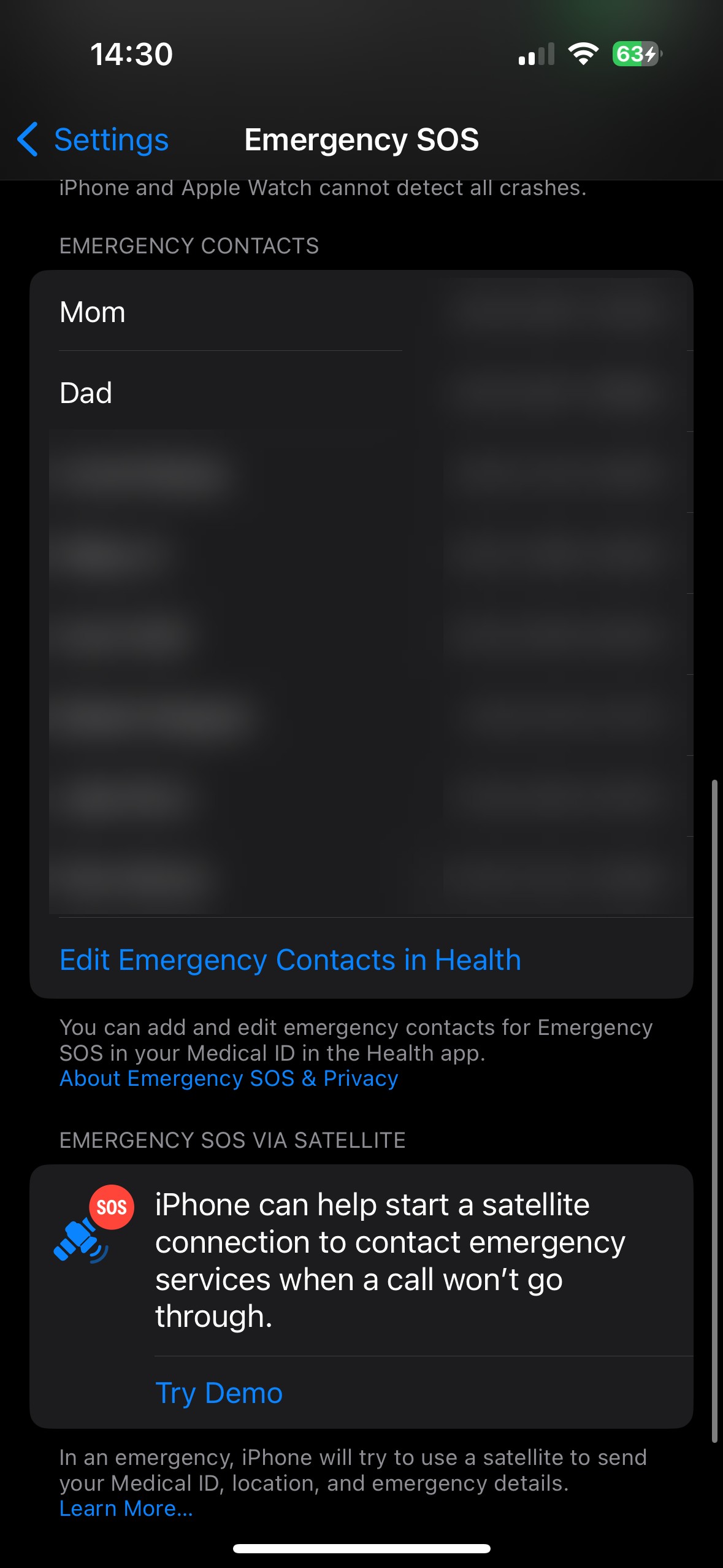 Danh sách Liên hệ Emergency SOS iPhone