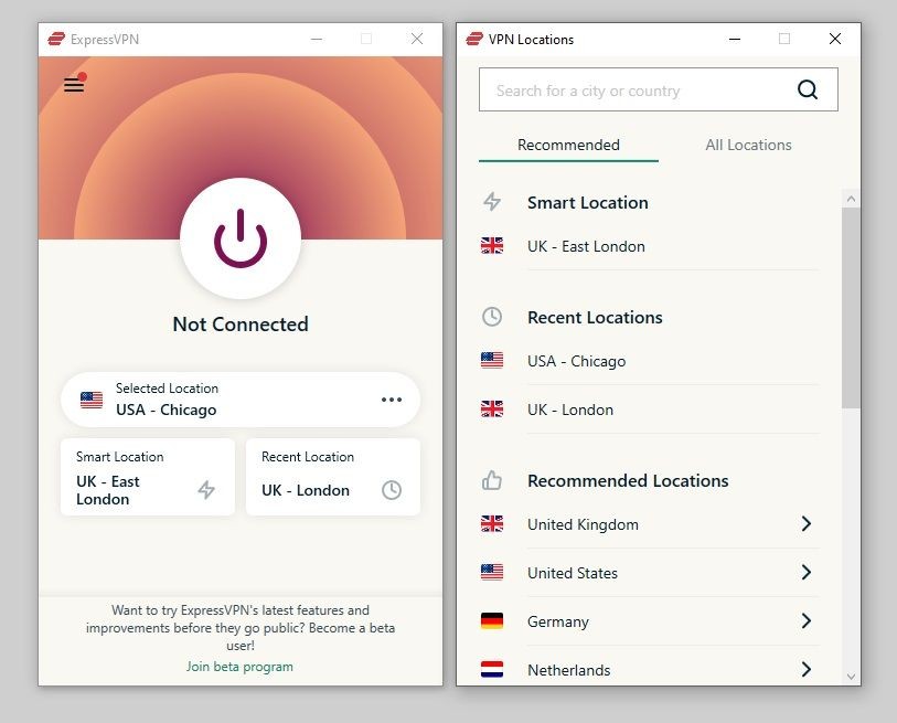 Danh sách lựa chọn vị trí máy chủ mới của ExpressVPN
