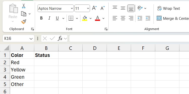 Danh sách màu sắc và trạng thái trong Excel trên Windows