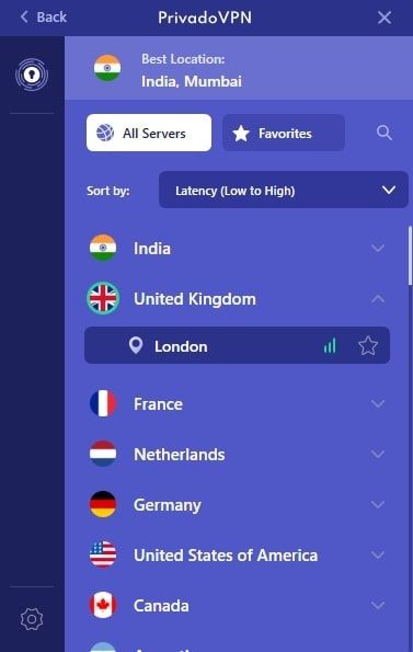 Danh sách máy chủ của ứng dụng PrivadoVPN