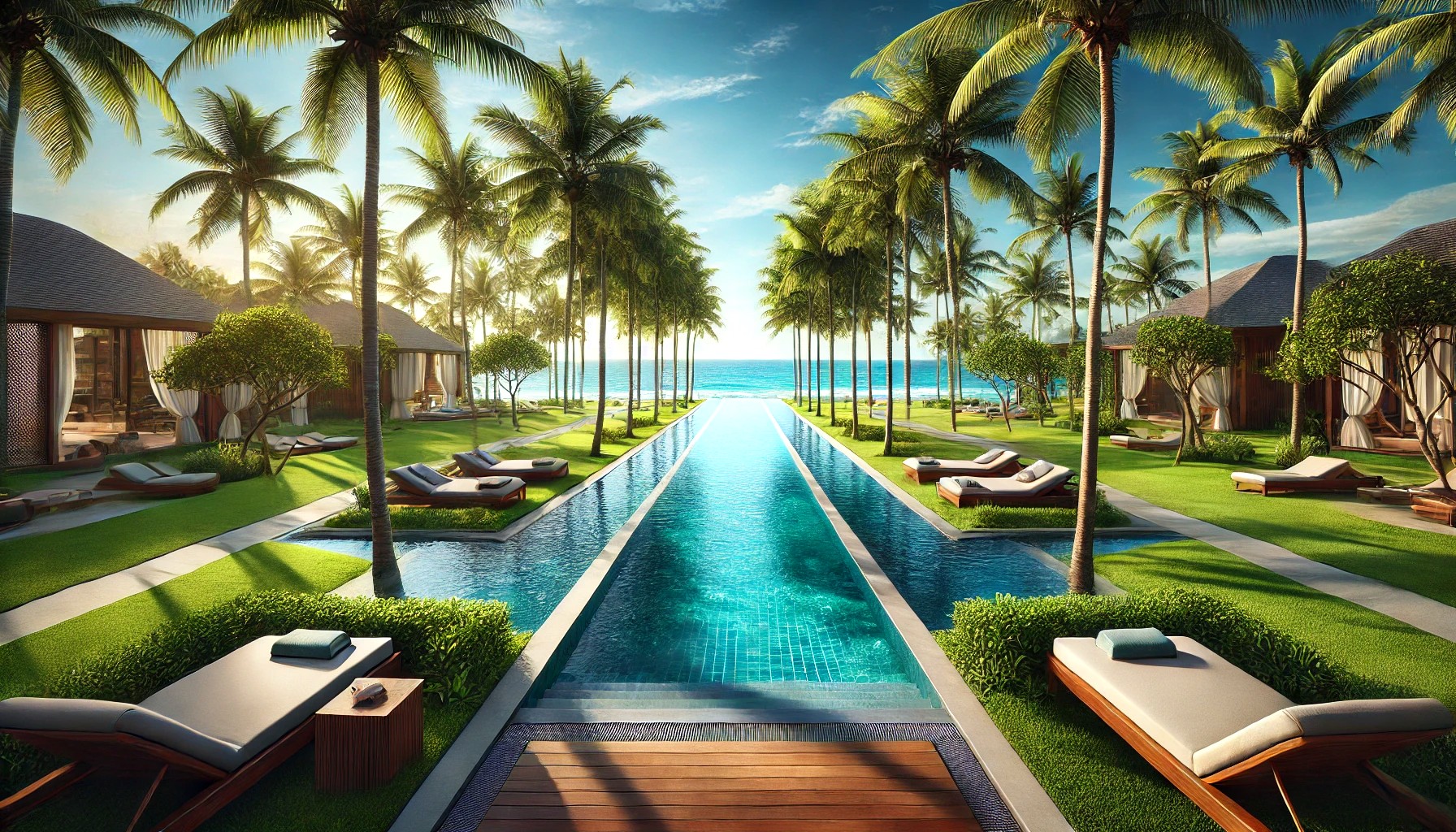 Danh sách nghỉ dưỡng giả mạo với hồ bơi vô cực và cây cối xanh tươi