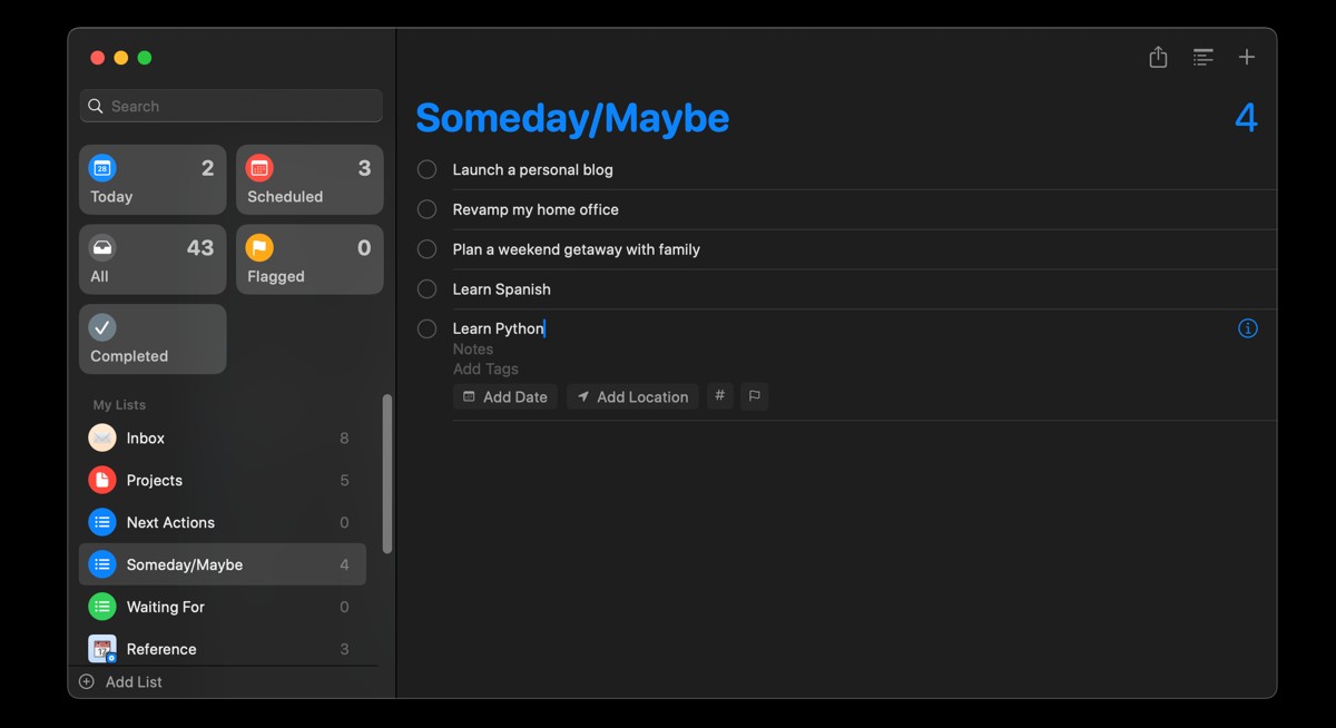 Danh sách Someday/Maybe trong ứng dụng Reminders