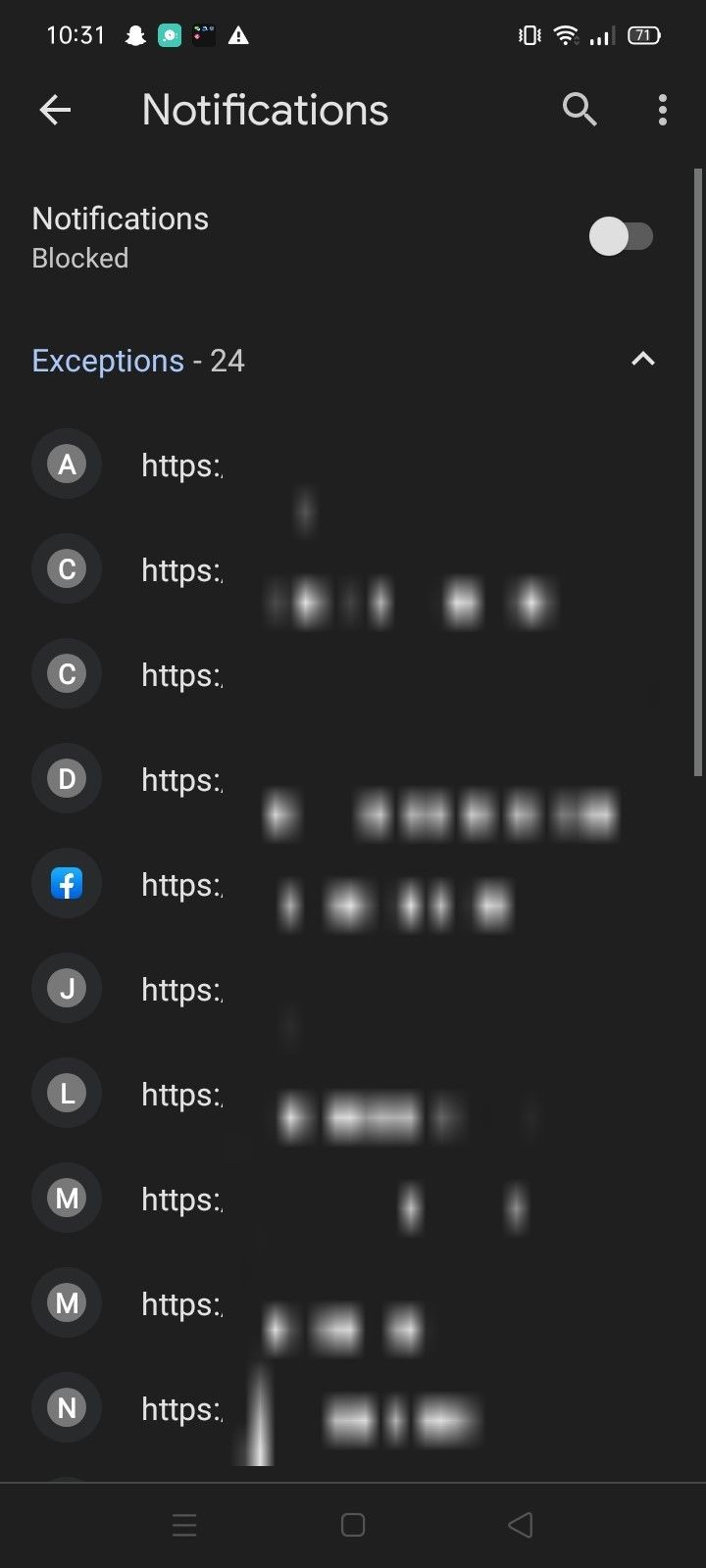 Danh sách Thông báo Trang web Chrome Hiển thị Danh sách Các Trang web Được Thêm Vào Ngoại lệ Để Gửi Thông báo