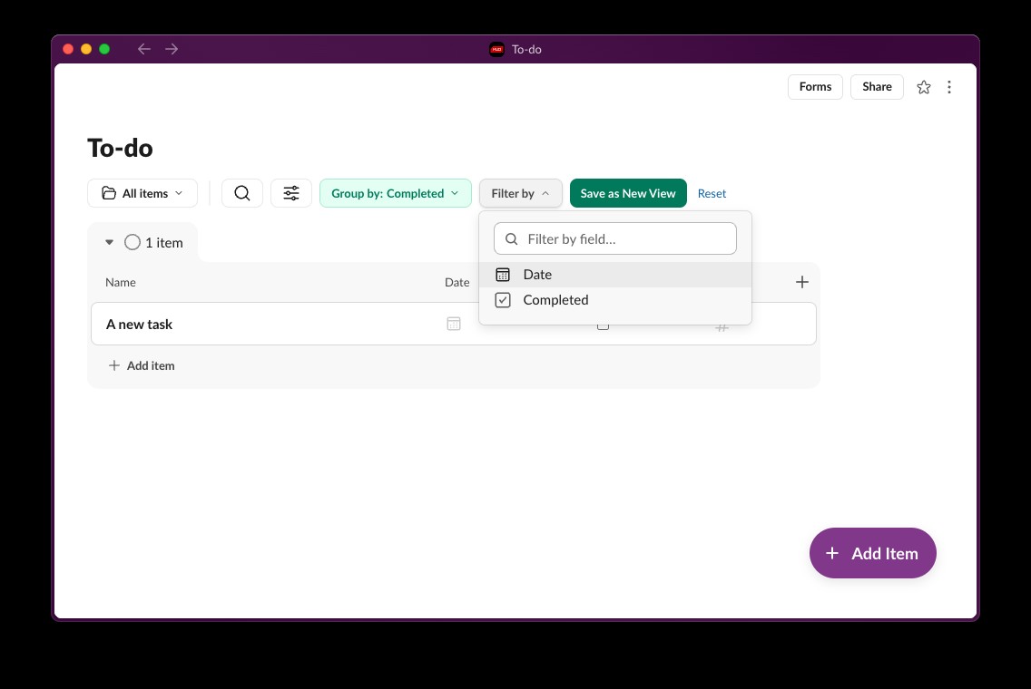 Danh Sách trên Slack hiển thị menu lọc và hai trường có thể lọc