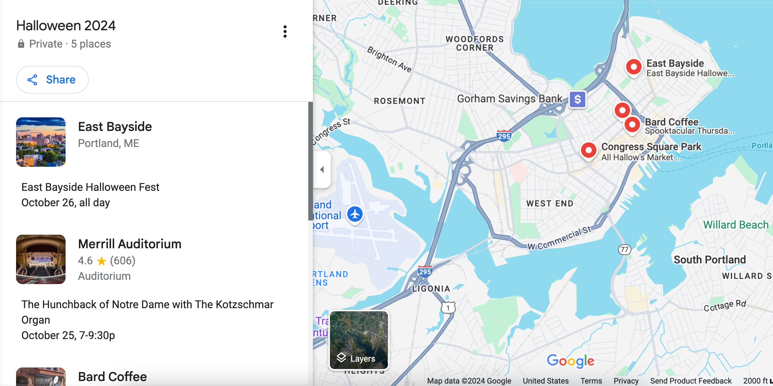 Danh sách tùy chỉnh các địa điểm được đánh dấu trên Google Maps ở Portland, Maine, gọi là