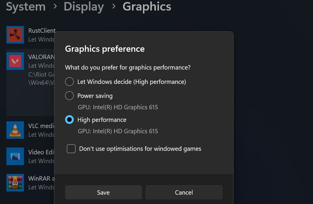 Đặt cài đặt Graphics preference của Valorant thành High trong cài đặt Graphics của ứng dụng cài đặt Windows