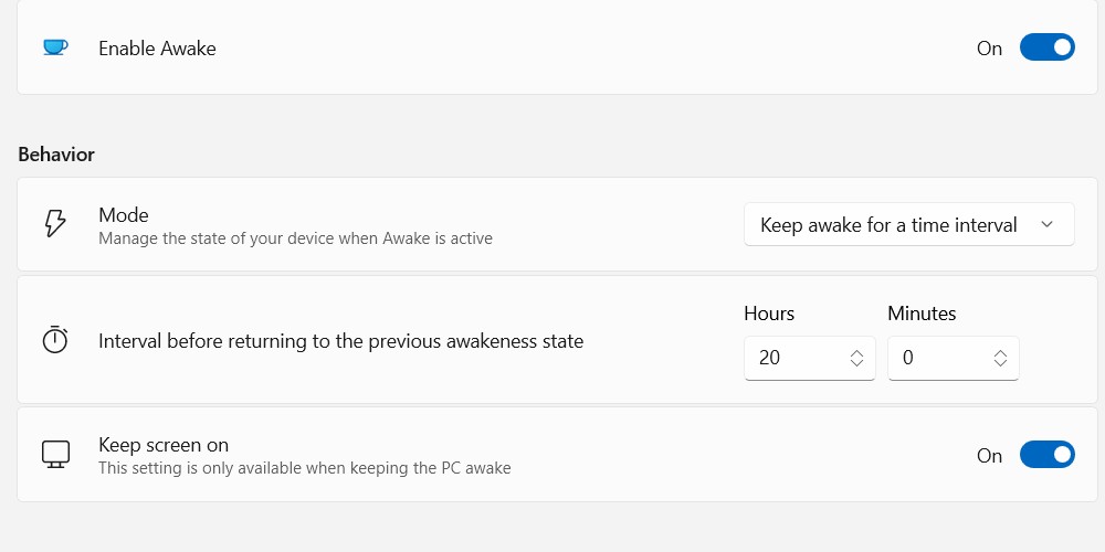 Đặt khoảng thời gian cho Awake trong PowerToys trên Windows.