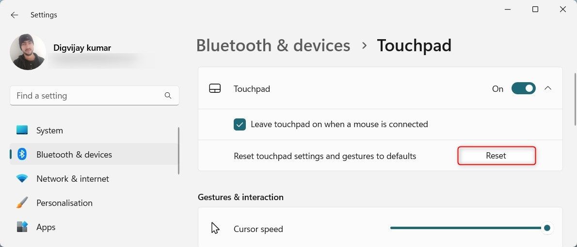 Đặt lại cài đặt touchpad