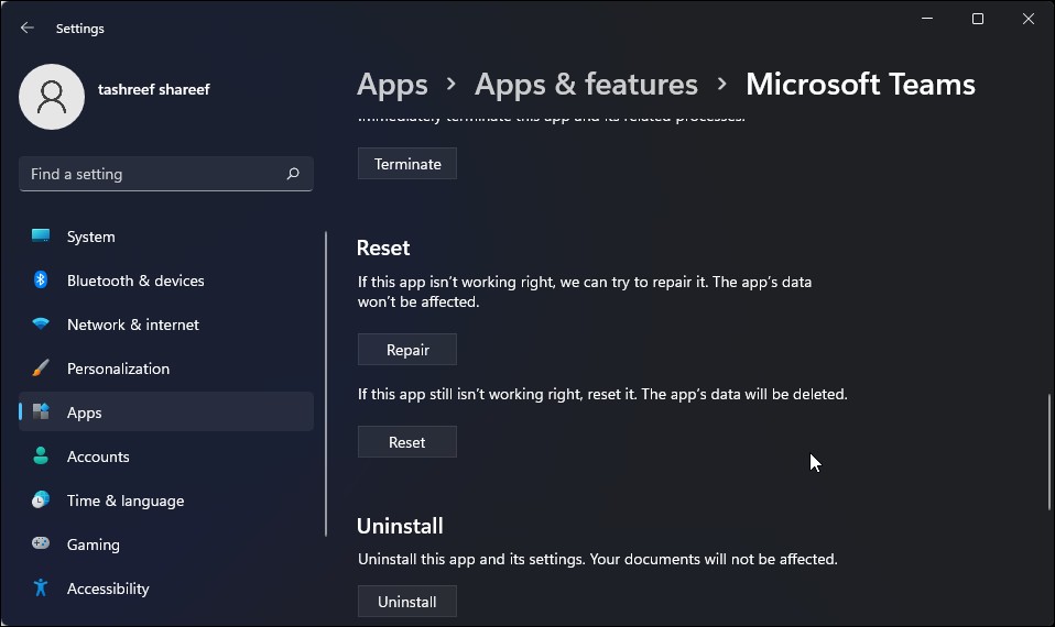 Đặt lại Microsoft Teams