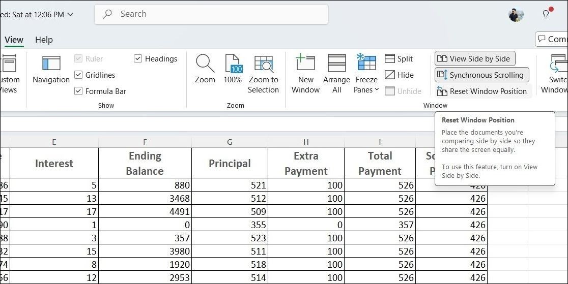Đặt lại vị trí cửa sổ trong Excel
