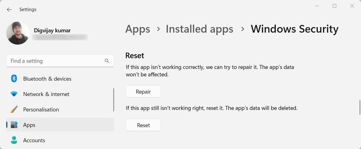 Đặt lại Windows Security