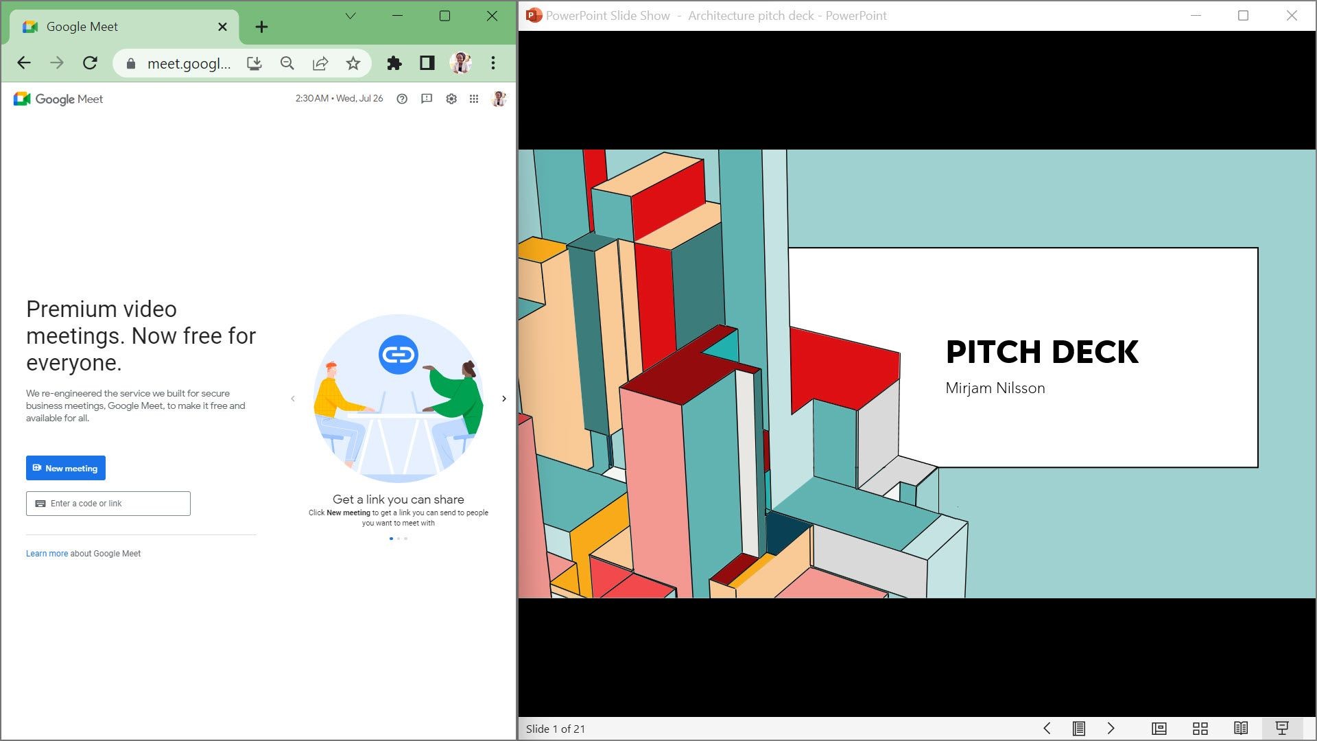 Đặt PowerPoint ở một bên và mở tab Google Meet ở bên kia