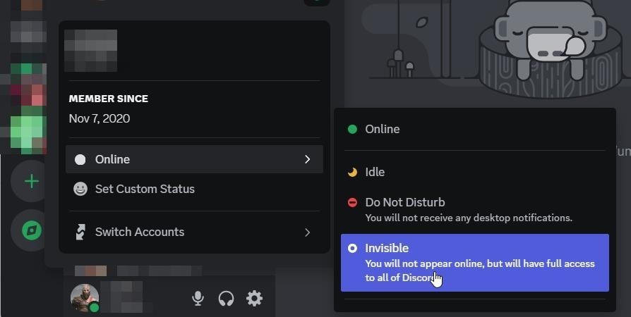 Đặt trạng thái trực tuyến thành ẩn trên ứng dụng Discord cho máy tính để bàn.
