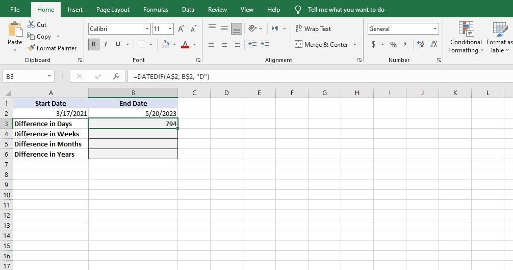 DATEDIF tính khoảng cách theo ngày trong Excel
