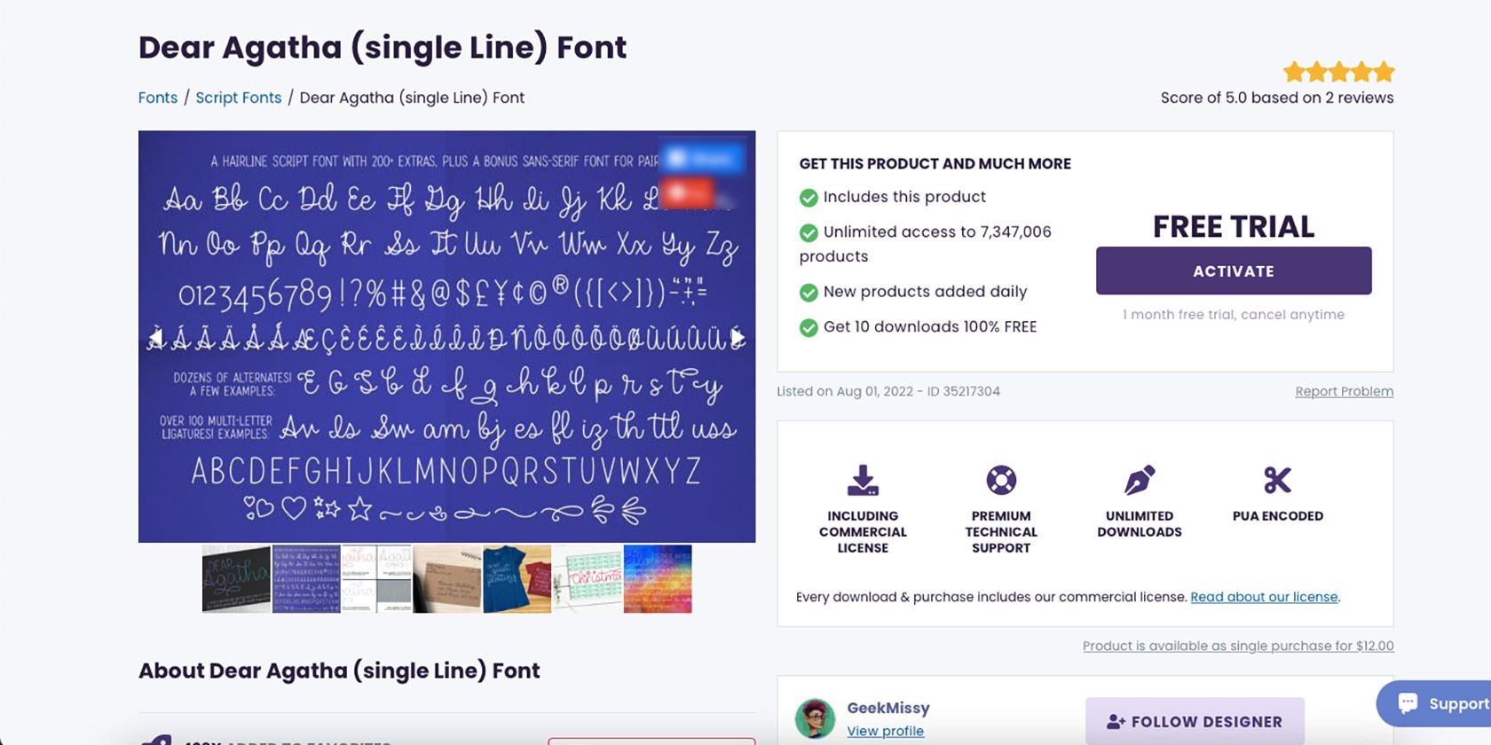 Dear Agatha font page on Creative Fabrica