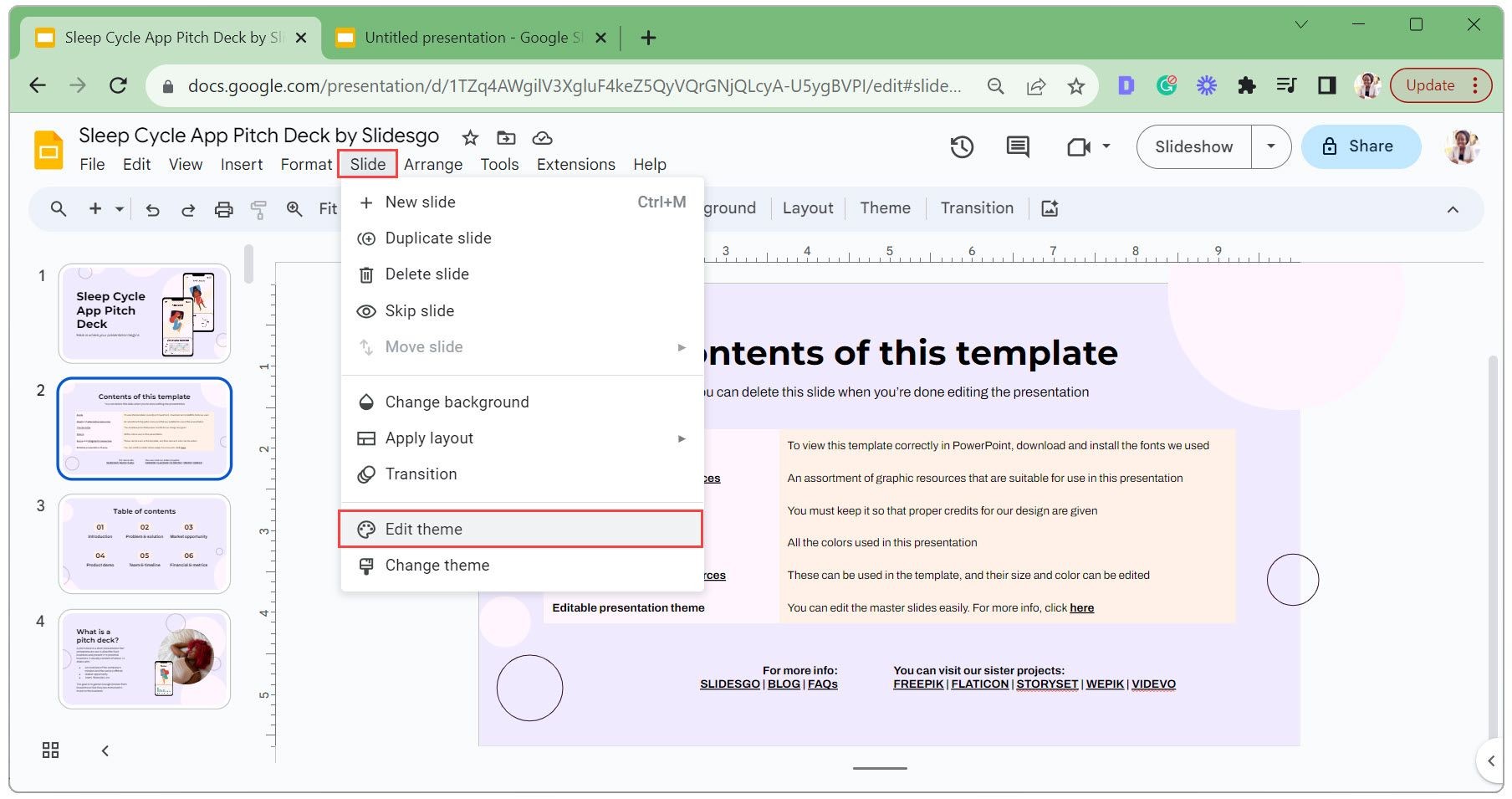 Đi đến tab Slide trong Google Slides và chọn Theme