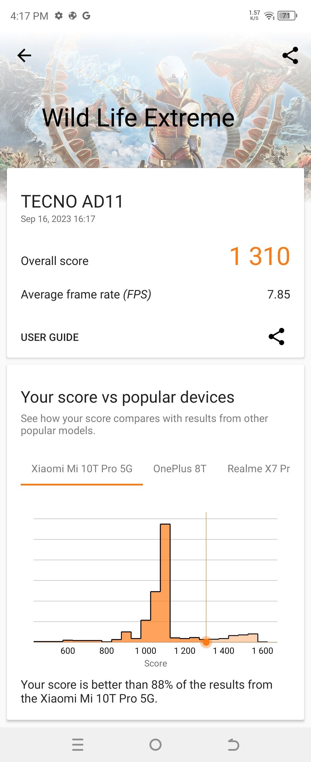 Điểm số 3DMark Wildlife Extreme của Tecno Phantom V Flip