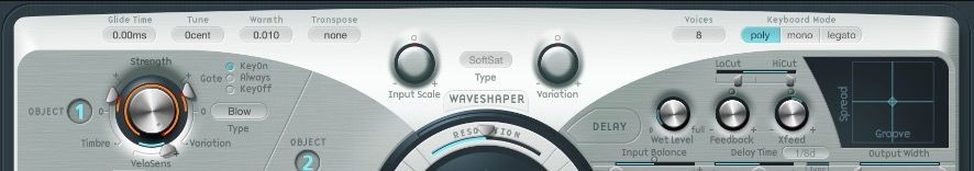 Điều khiển toàn cục, Waveshaper và Delay trong Sculpture synth