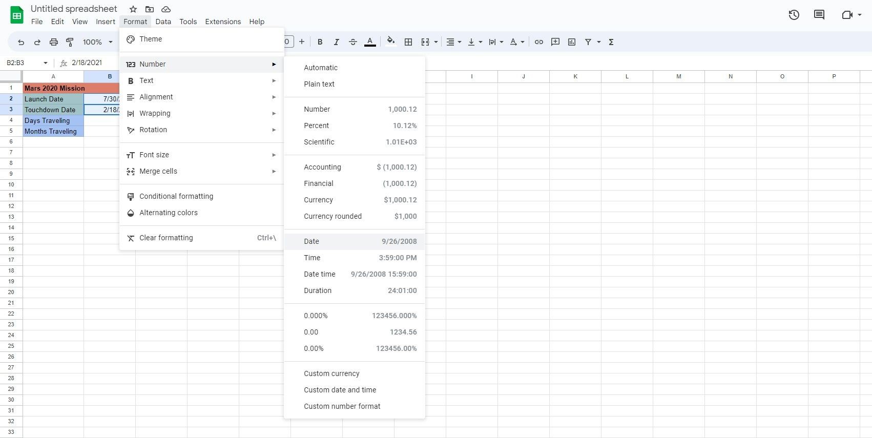 Định dạng ô thành ngày trong Google Sheets