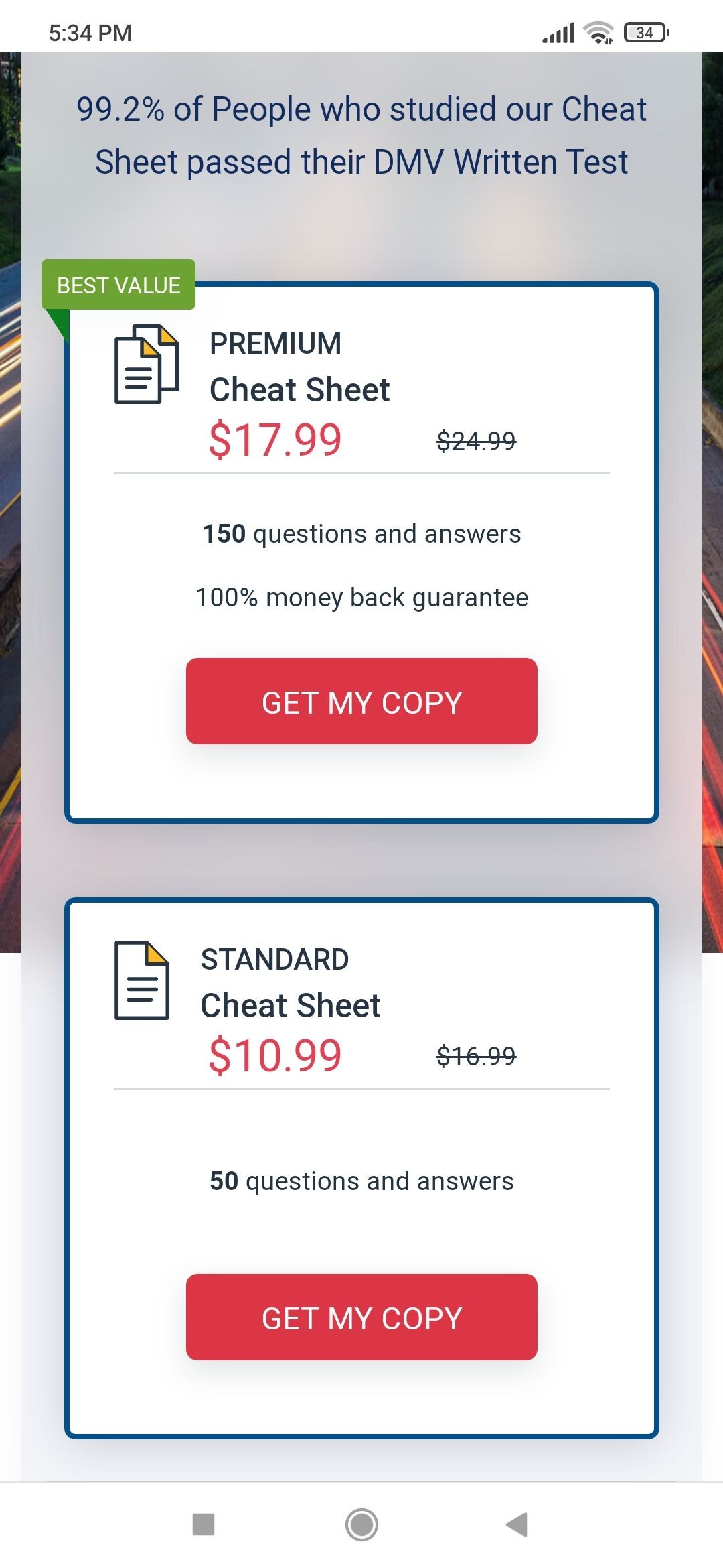 DMV Practice Test app cheat sheet page