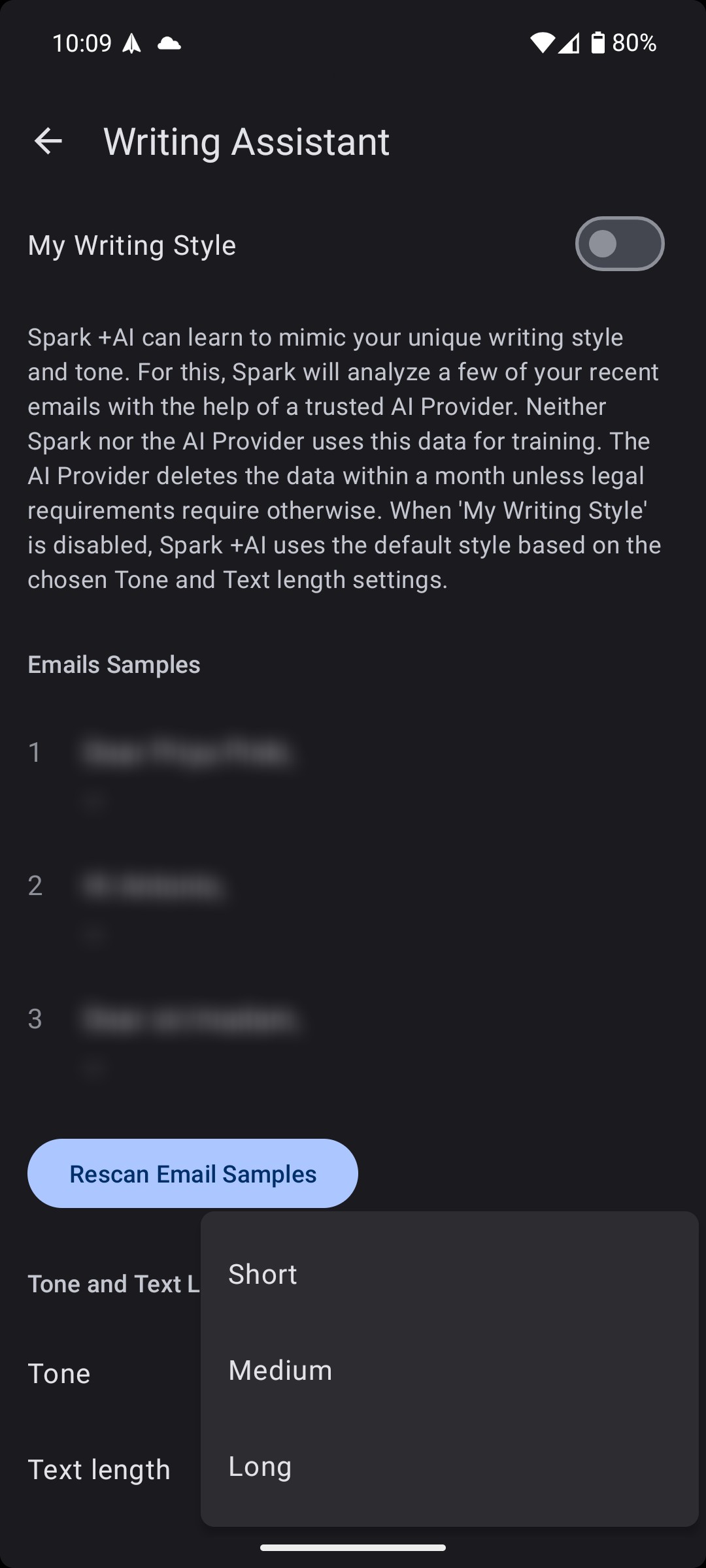 Độ dài văn bản của trợ lý viết của ứng dụng Spark Mail