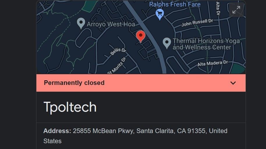 Doanh nghiệp TPOLTECH Inc hiển thị đã đóng cửa vĩnh viễn trên Google Business