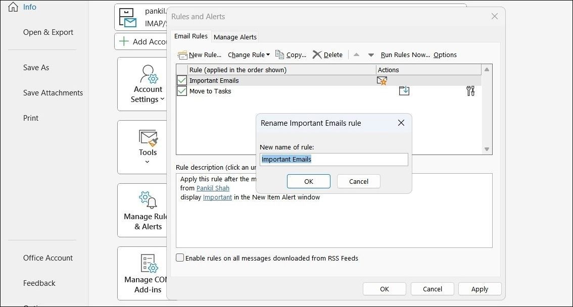 Đổi tên quy tắc Outlook