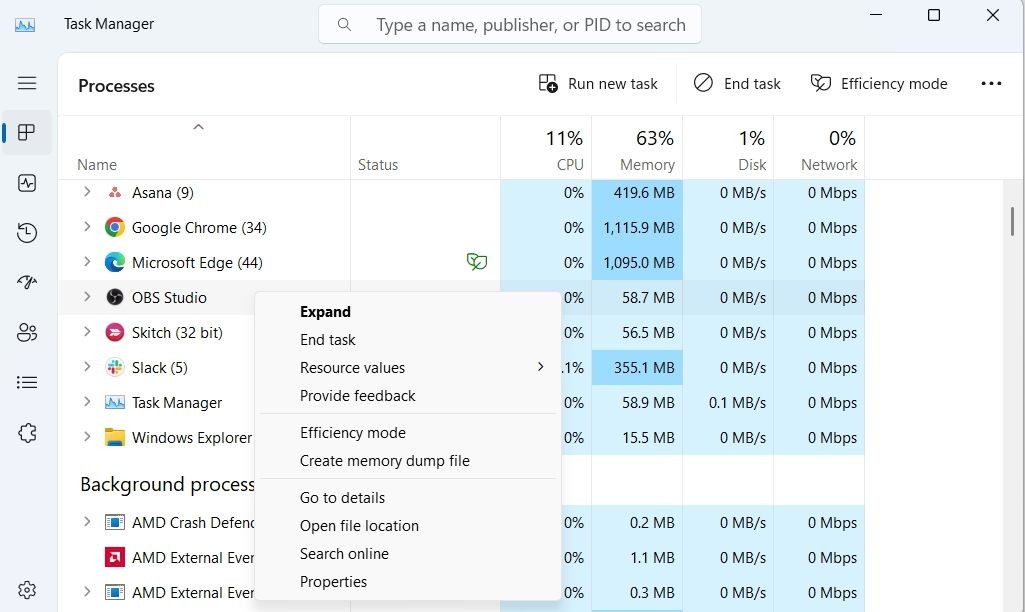 Đóng quá trình OBS Studio trong Task Manager
