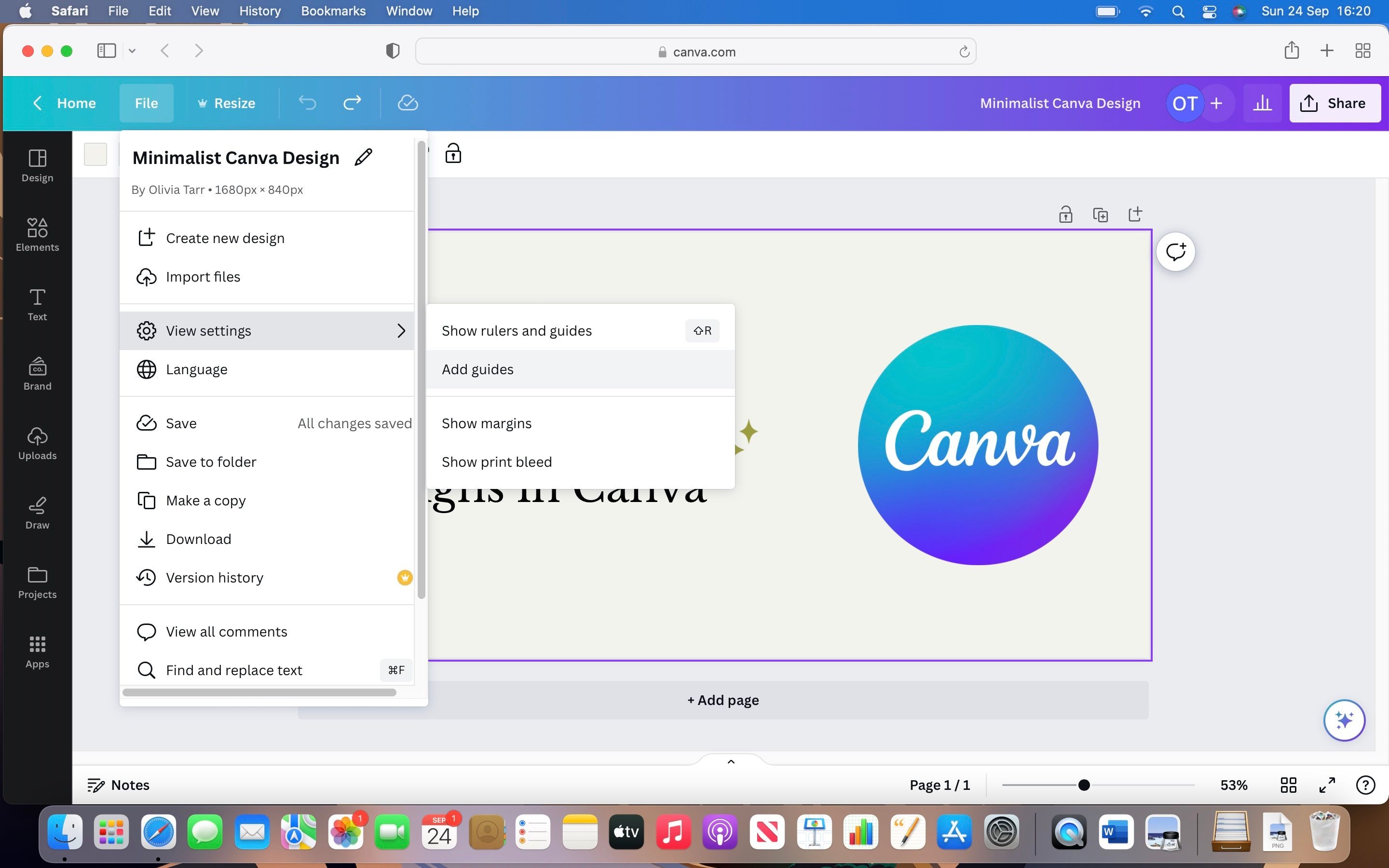 Dự án Canva mở ra, với các bước nổi bật được hiển thị của file, view settings và add guides