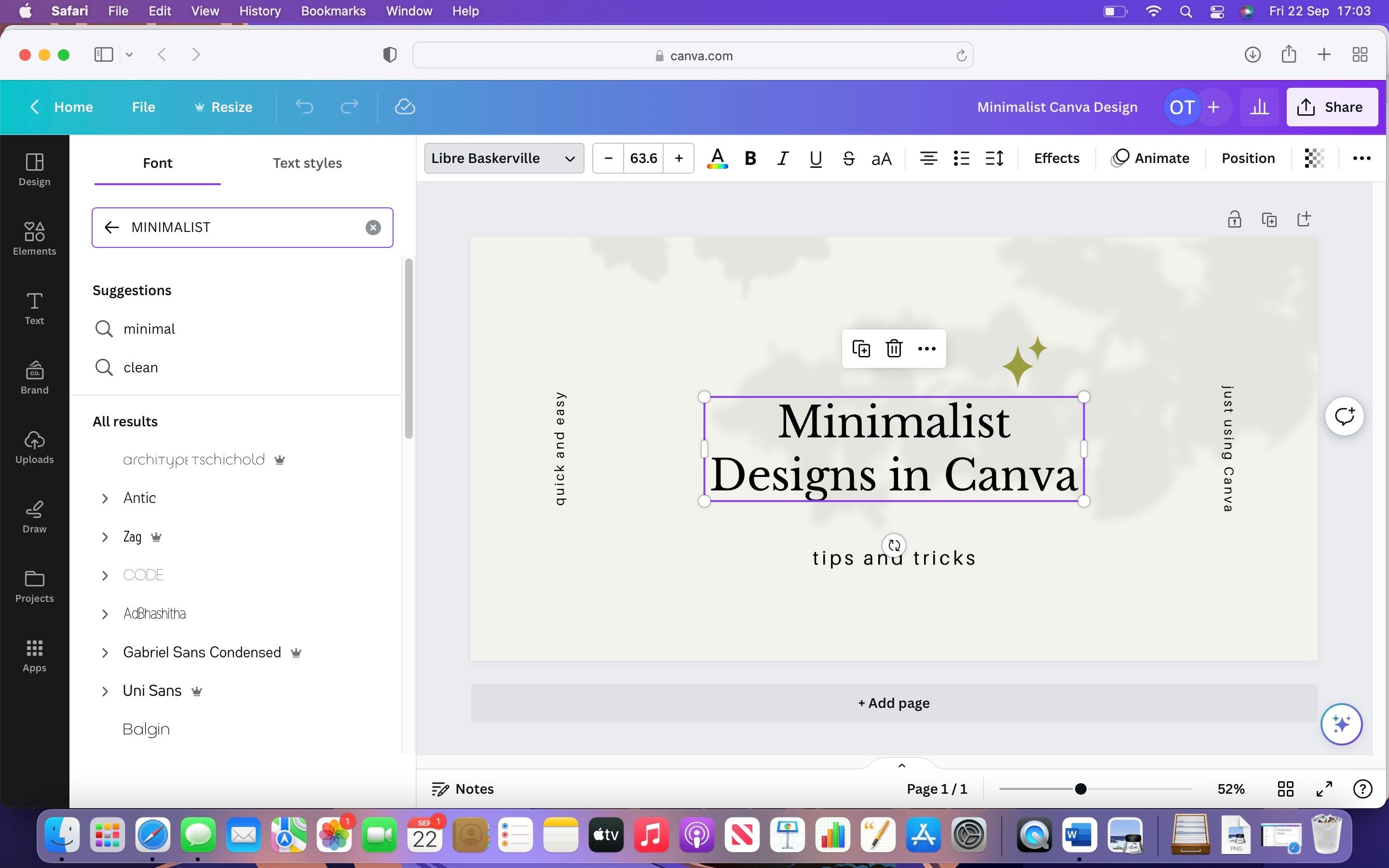 Dự án Canva với tùy chọn tìm kiếm văn bản hiển thị bên trái thiết kế
