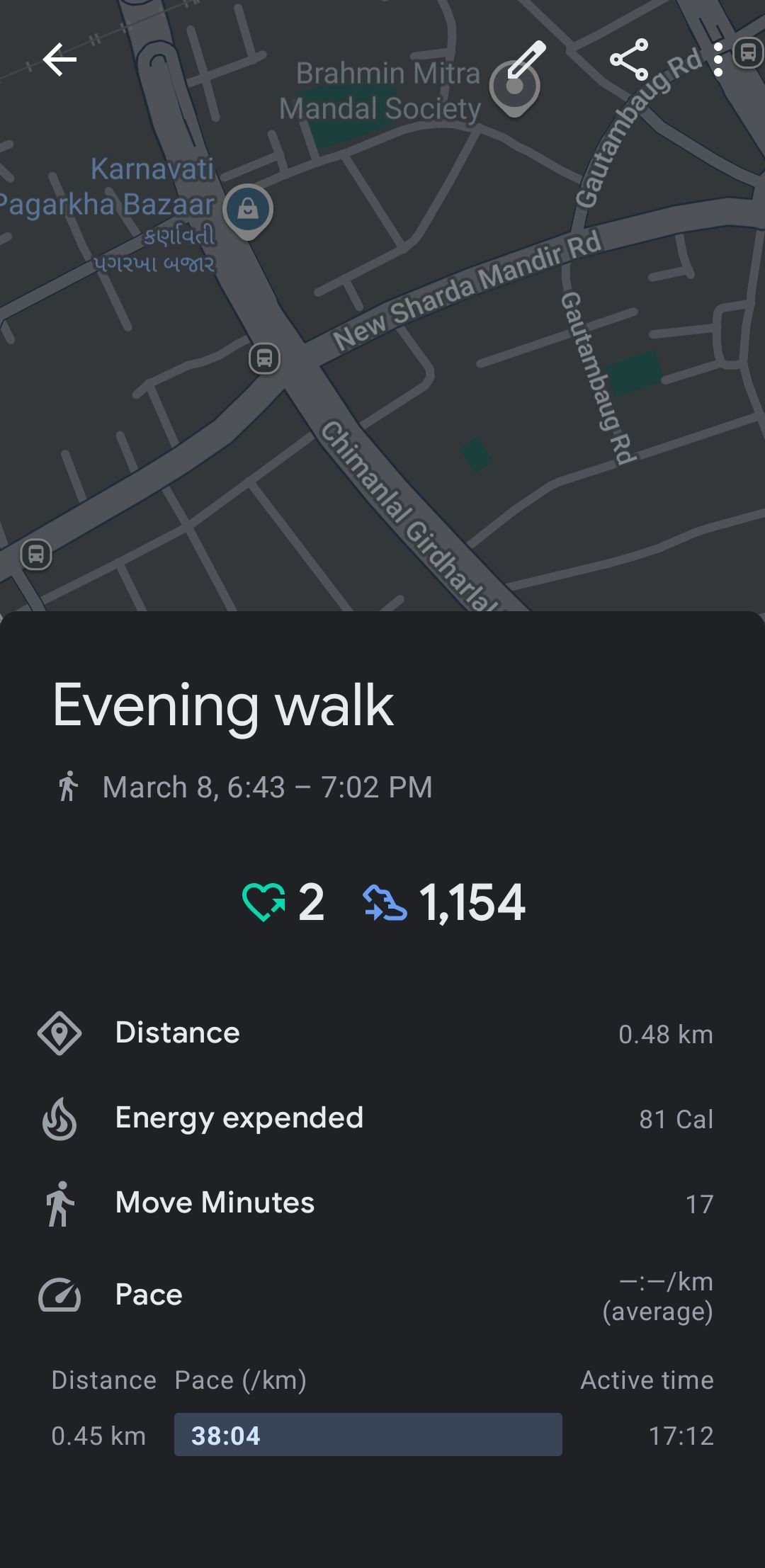 Dữ liệu Google Fit của một buổi đi bộ buổi tối