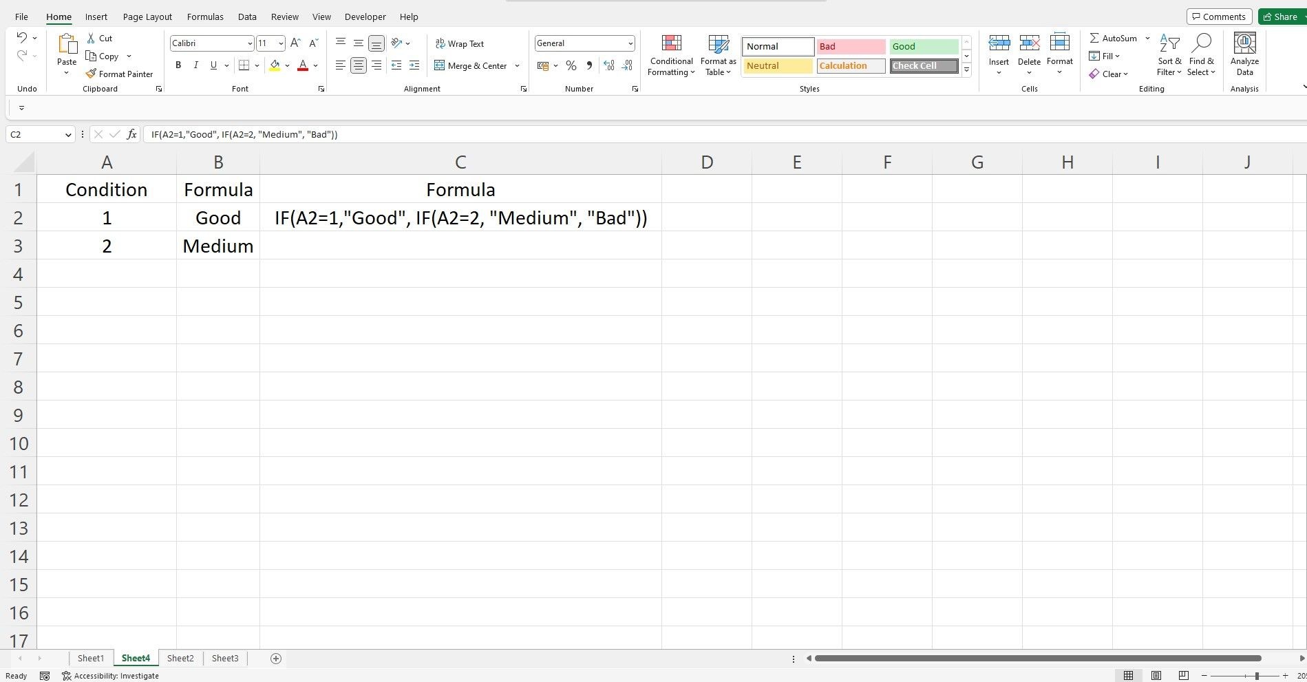 Dữ liệu mẫu và công thức hàm IF lồng nhau trong bảng tính Excel
