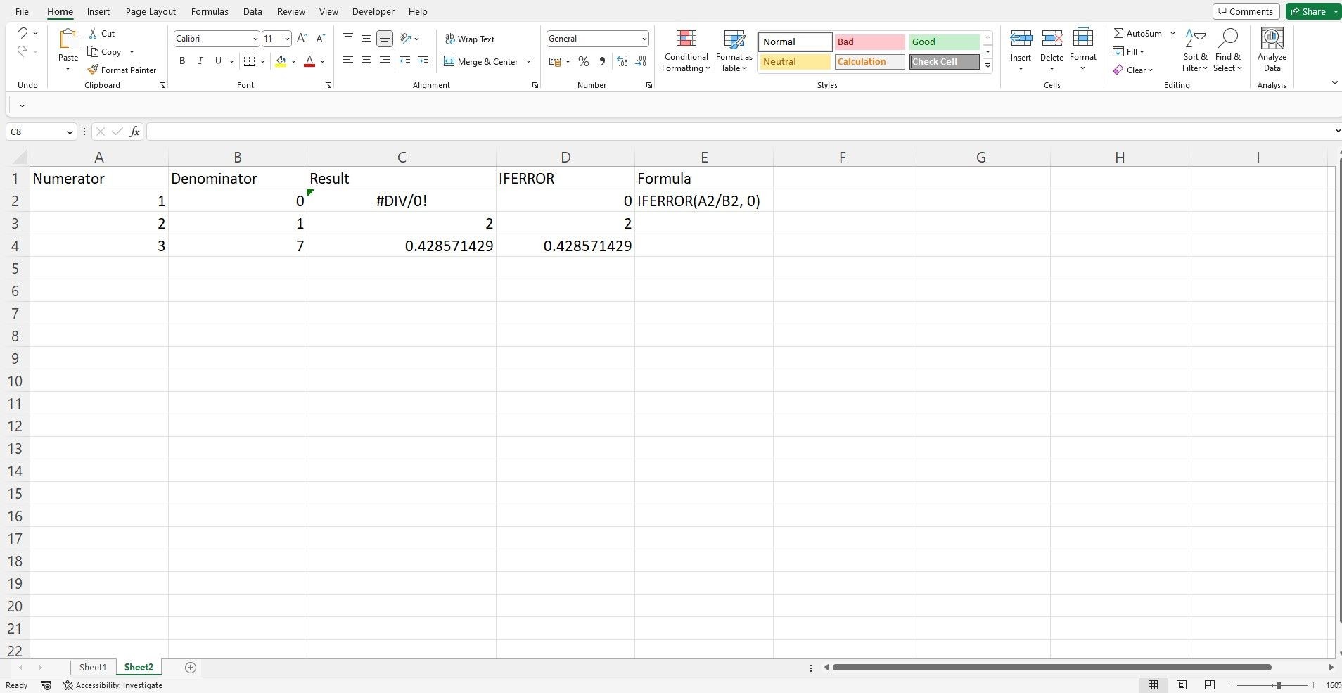 Dữ liệu mẫu và công thức hàm IFERROR trong bảng tính Excel